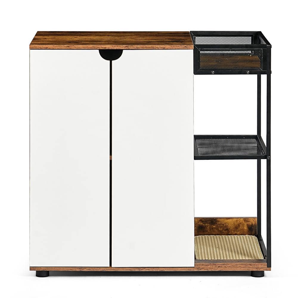 Rustic Brown and White Dual Cat Litter Box Enclosure Cabinet