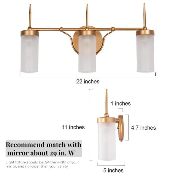 22 in. 3-Light Transitional Dark Gold Bathroom Vanity Light, Modern Powder Room Bath Lighting, Frosted Glass Wall Sconce