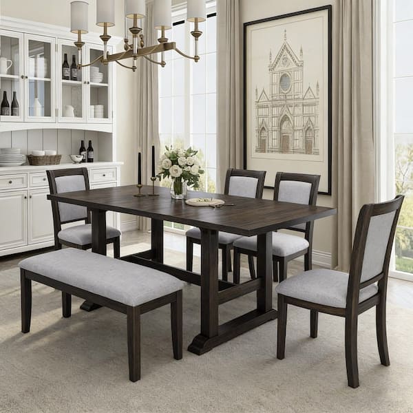 7-Piece Gray Extendable Wood Top Dining Room Set Seats 6