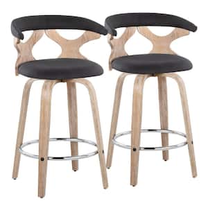 Gardenia 25.5 in. Charcoal Fabric White Washed Wood & Chrome Metal Fixed-Height Counter Stool Round Footrest (Set of 2)
