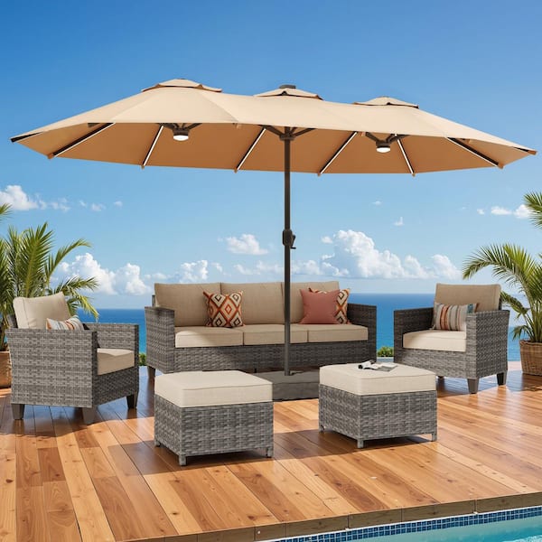 15 ft. Large Rectangle Outdoor Double Sided Market Patio Umbrella in Tan with Base for Poolside Lawn Backyard Garden