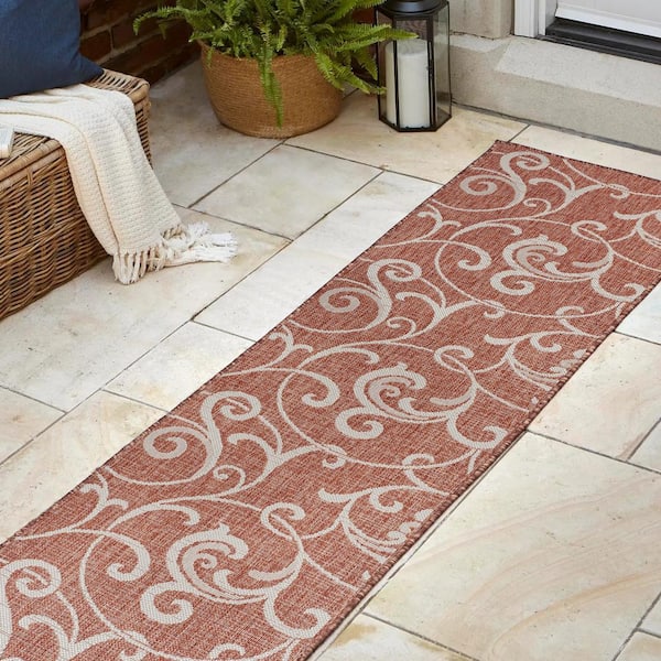 JONATHAN Y Maribel Salmon/Cream 2 ft. x 8 ft. Traditional Classic All-Over Scroll Indoor/Outdoor Runner Rug
