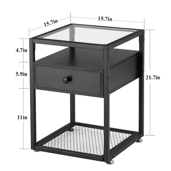 VECELO Tempered Glass Side Table, Nightstand, with Drawer