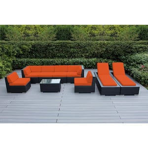 Black 9-Piece Wicker Patio Combo Conversation Set with Supercrylic Orange Cushions