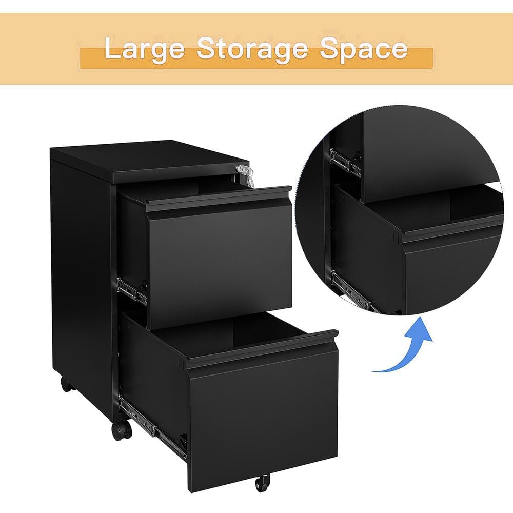 Black Steel 2-Drawer Mobile Lockable Filing Cabinet with Wheels