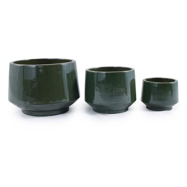 Timothy 6.1 in., 8.07 in. and 10.63 in. Tall Antique Green Round Ceramic Patio Outdoor Planter Set (3-Pack)