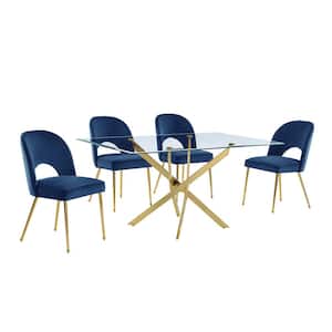 Olly 5-Piece Tempered Glass Top Gold Cross Legs Base Dining Set Navy Blue Velvet Fabric Chairs Set Seats 4