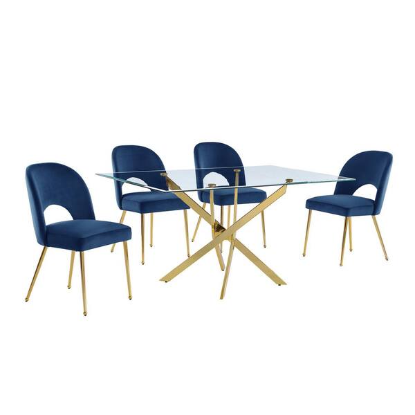 Best Quality Furniture Olly 5-Piece Tempered Glass Top Gold Cross Legs Base Dining Set Navy Blue Velvet Fabric Chairs Set Seats 4