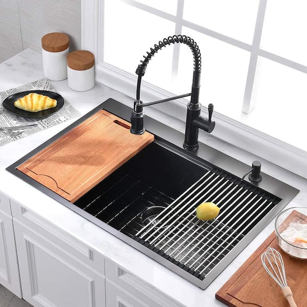 Stainless Steel 33 in. 2-Hole Single Bowl Drop-In Kitchen Sink with Bottom Grid and Basket Strainer