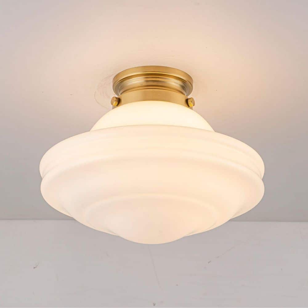 Noah 11.8 in. 1-Light Dome Brushed Gold Schoolhouse Semi-Flush Mount with White Glass for Foyer Kitchen Living Room price history on PriceWatchPro