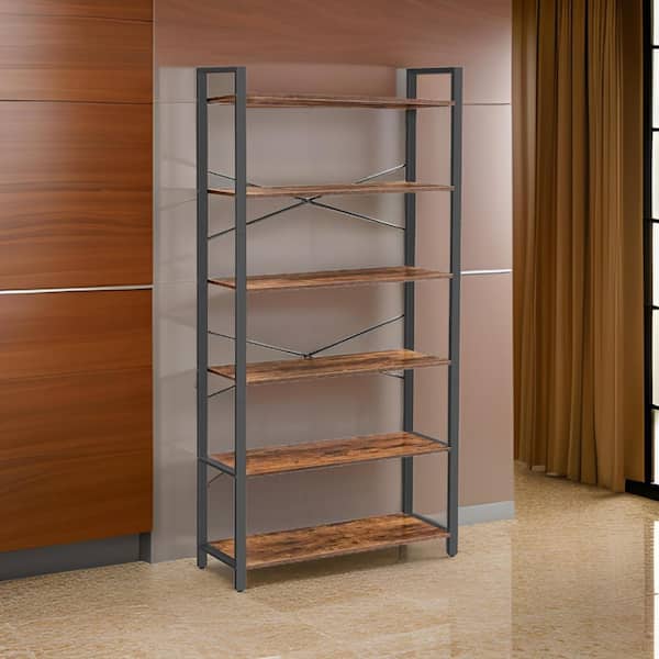 Benjara 73.23 in. Tall Black and Brown Wood 4-Shelf Standard Bookcase with Metal Frame