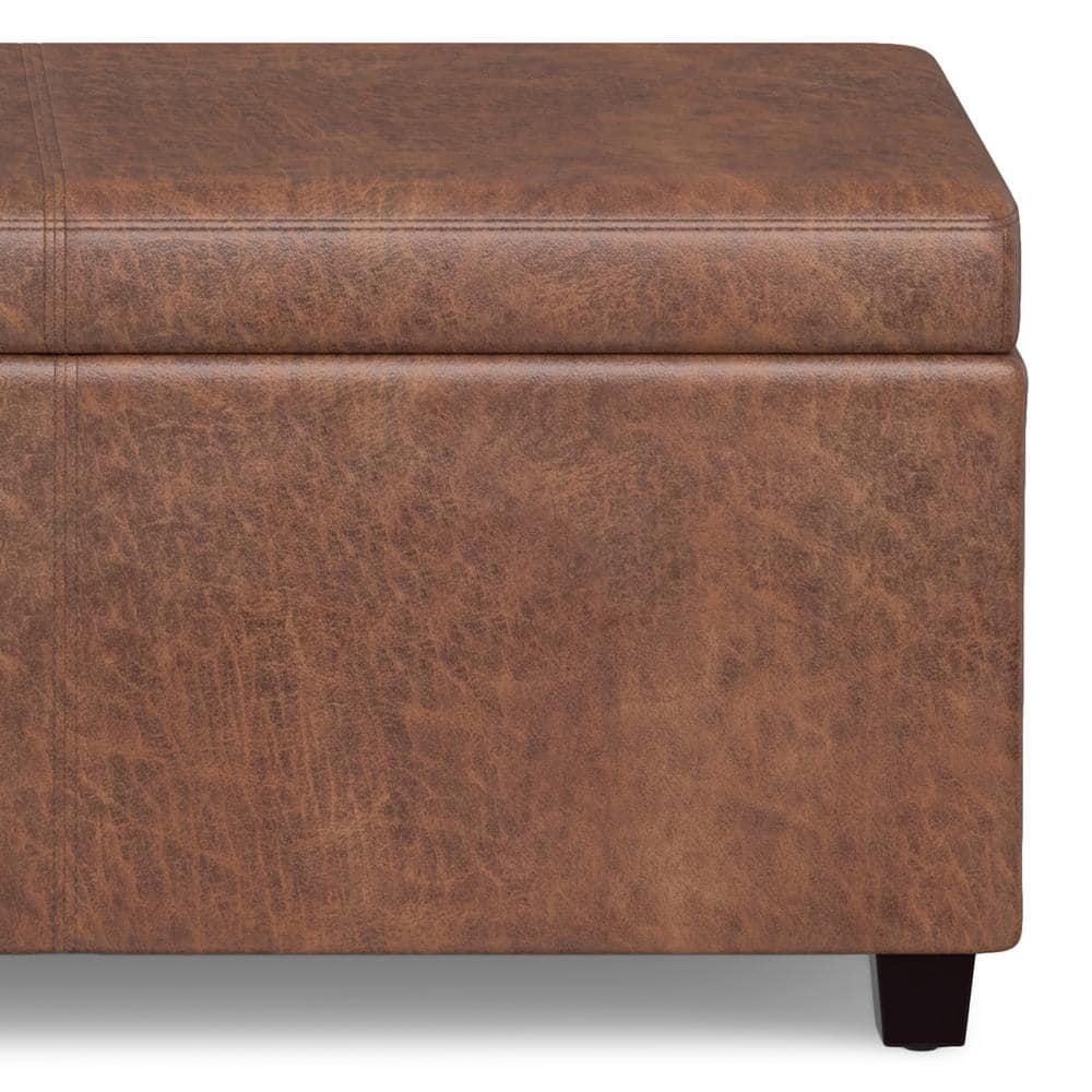 Distressed Saddle Brown Faux Leather Storage Ottoman Bench