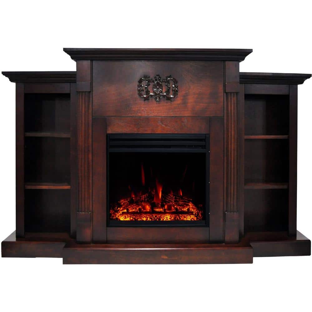 Classic Mahogany Freestanding Electric Fireplace with Bookshelves and Mantel