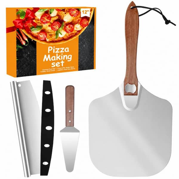 12x14 in Aluminum Pizza Peel with Foldable Wooden Handle, Metal Paddle, Rocker Cutter, and Server for Pizza Oven