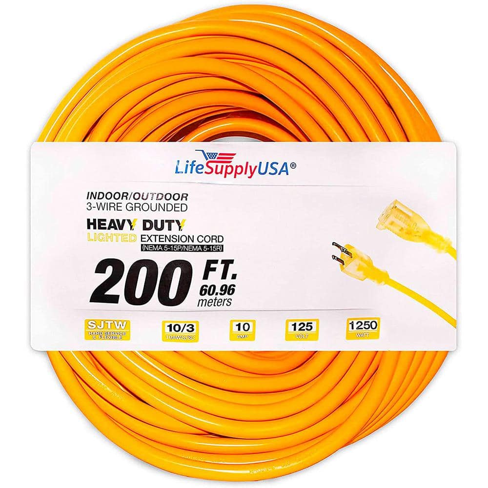 200 ft Power Extension Cord Outdoor ＆ Indoor Heavy Duty 14 Gauge Prong SJTW (Yellow) Lighted end Extra Durability AMP 125 Volts 875 Watts by Life - 4