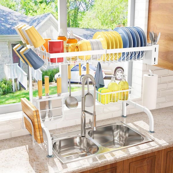 25.5 in. to 33.5 in. Adjustable Over The Sink Dish Drying Rack, 2-Tier  White Metal Dish Rack with Hooks and Holders
