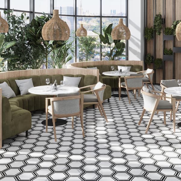 Aureole 8.66 in. x 9.84 in. Matte White and Black Porcelain Hexagon Wall and Floor Tile (8.07 sq. ft./Case) - 18 Sheet