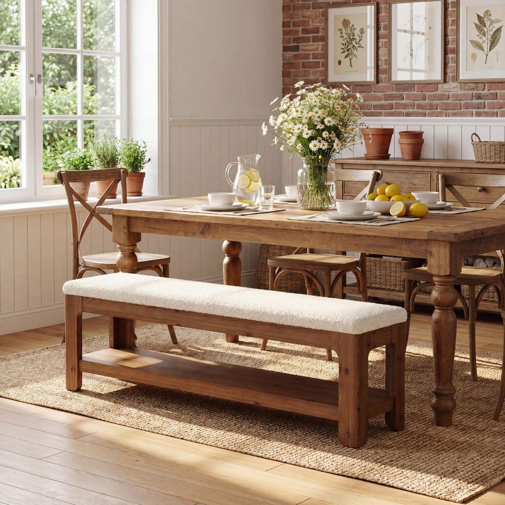 Rencias 55.12 in. WhiteandBrown Dining Bench with 2-Tier Storage Shelf and Solid Wood Sturdy Frame for Dining Room