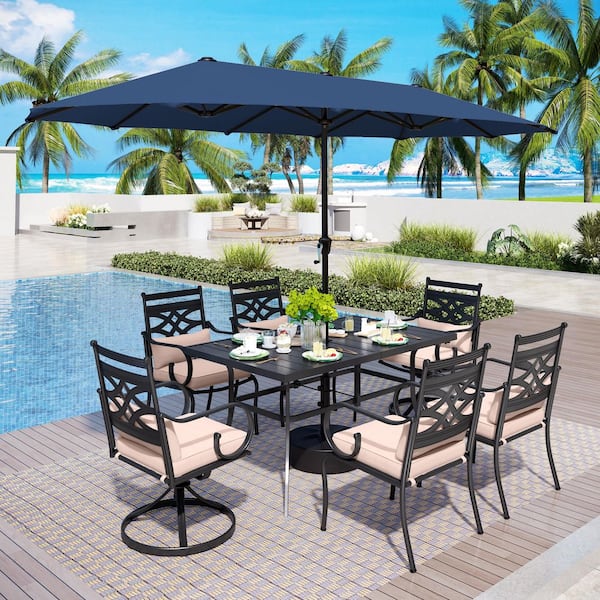 PHI VILLA 8-Piece Metal Outdoor Dining Set with Beige Cushions and Navy Blue Umbrella