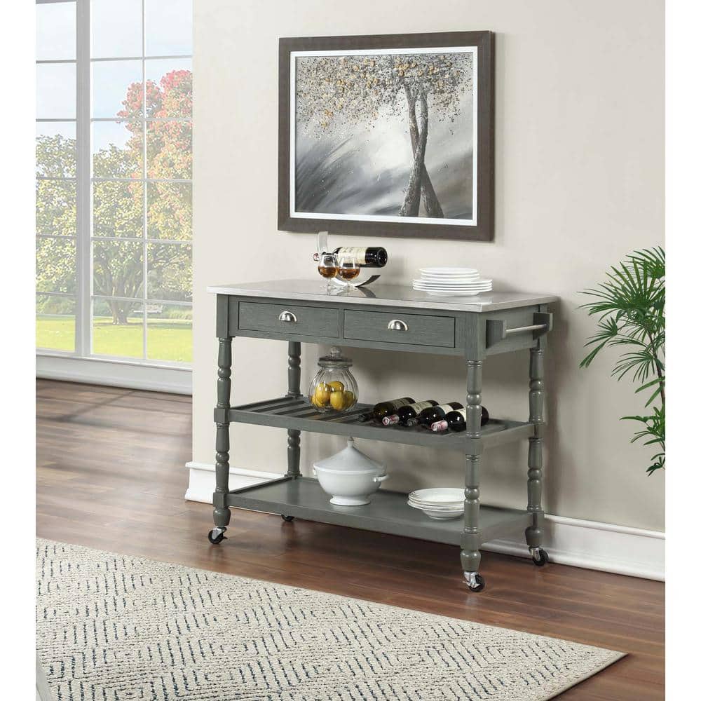 Elegant Stainless Steel and Wirebrush Dark Butcher Block Kitchen Cart with Wine Rack