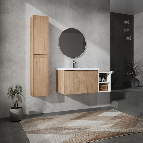 Combined 41.5 in. W X 18.1 in. D x 19.3 in. H Floating Bath Vanity in Imitative Oak with White Resin Vanity Top