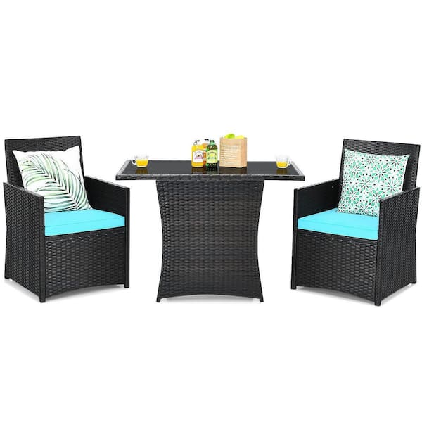 Alpulon 3-Piece Black Wicker Patio Conversation Set with Turquoise Cushions and Sofa Armrest