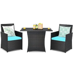 3-Piece Black Wicker Patio Conversation Set with Turquoise Cushions and Sofa Armrest