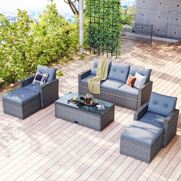 Unbranded 6-Piece PE Wicker Outdoor Patio Seating Sectional Sofa Set with Coffee Table, Footstool, Removable Grey Cushions