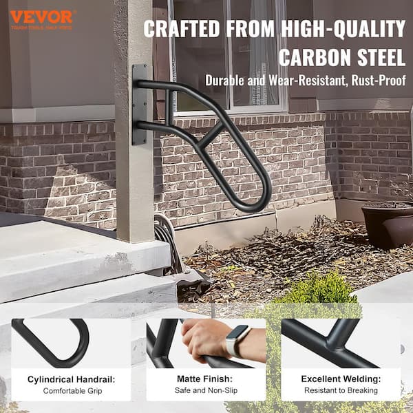 Handrails for Outdoor Steps 18.9 in. x 3.15 in. Black steel Stair Railing Kit Wall Mount Railings 1-3 Steps U-Shaped