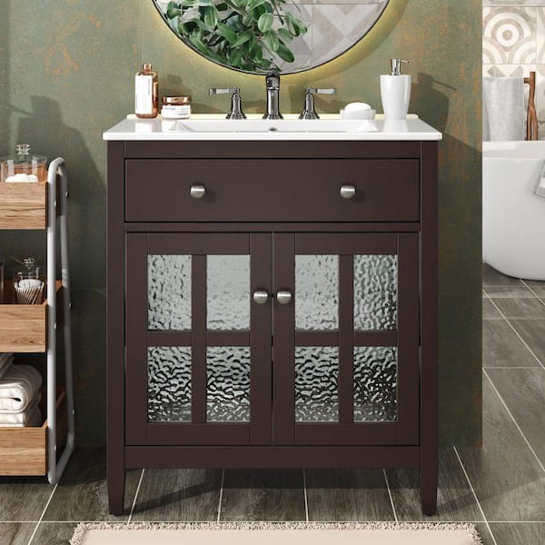 30 in. Freestanding Dark Brown Bath Vanity with White Ceramic Top and Glass Door Bathroom Storage Cabinet Unassembled