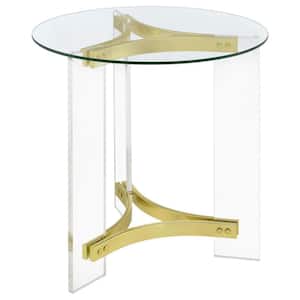 Janessa 23.5 in. Clear and Matte Brass Round Glass Top End Table with Acrylic Legs