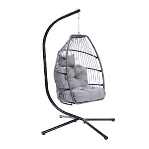 3.5 ft. Free Standing Hammock Chair Patio Folding Hanging Chair Rattan Swing Egg Chair With Stand Cushion Pillow in Gray