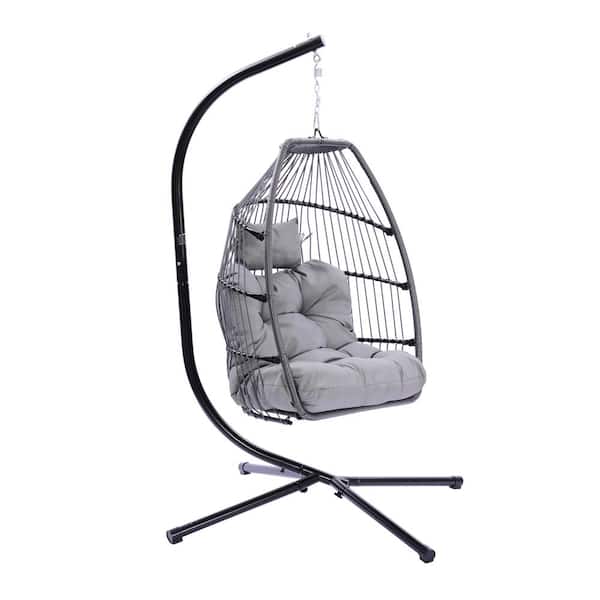Unbranded 3.5 ft. Free Standing Hammock Chair Patio Folding Hanging Chair Rattan Swing Egg Chair With Stand Cushion Pillow in Gray