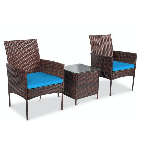 Alvino 3-Piece Wicker Rattan Outdoor Patio Bistro Set, Chairs with Thick Light Blue Cushion and Glass Top Coffee Table