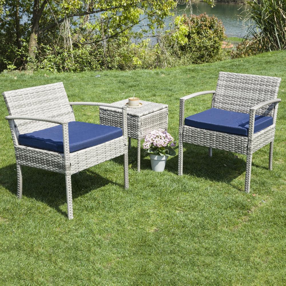 JUSKYS Gray 3 Piece Wicker Outdoor Patio Conversation Set With Navy