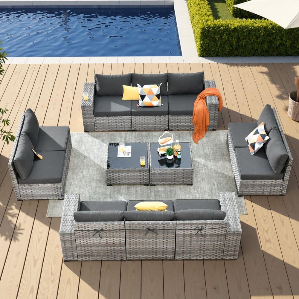 Zoila Gray 12-Piece Wicker 7.68 in. Wide Arm Outdoor Patio Sectional Set with Black Cushions price history on PriceWatchPro