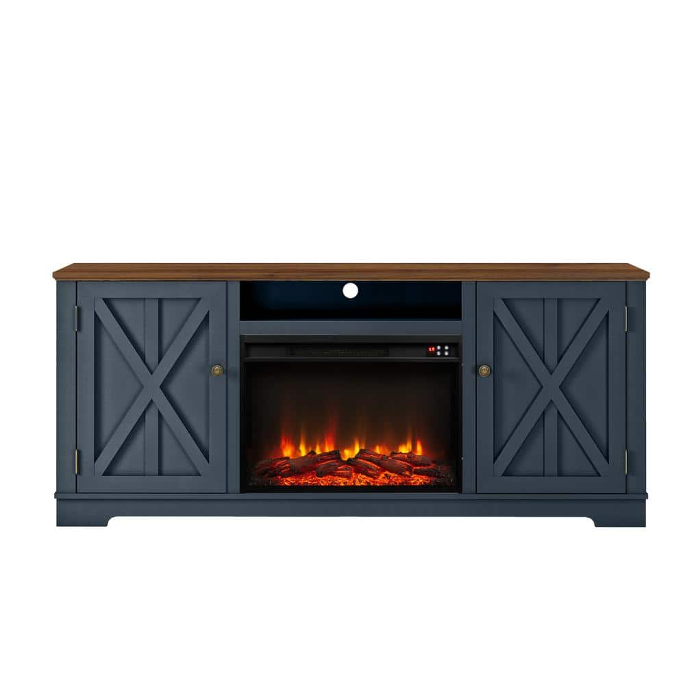 70 in. Farmhouse Wooden TV Stand with Electric Fireplace in Navy for TVs up to 75 in -  FESTIVO, FTS22319B