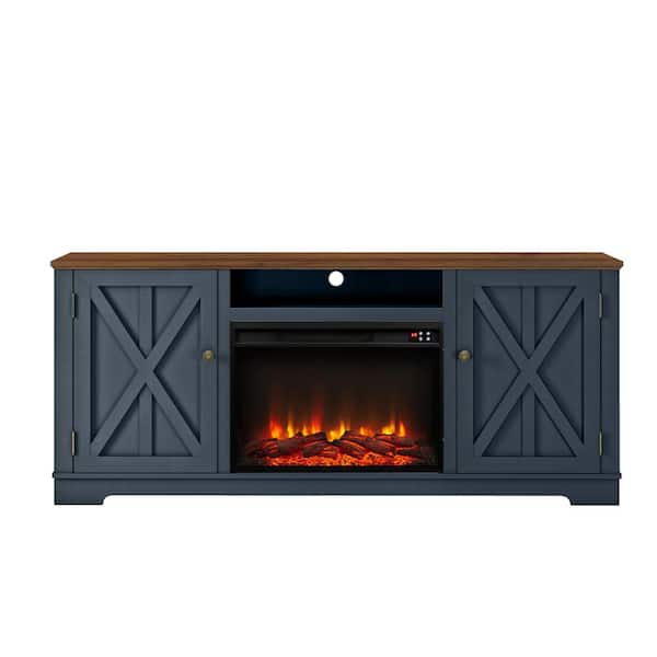 FESTIVO 70 in. Farmhouse Wooden TV Stand with Electric Fireplace in Navy for TVs up to 75 in.