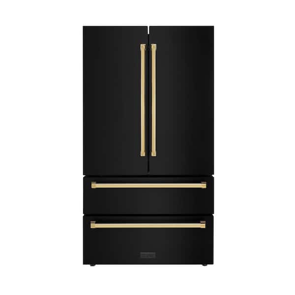 ZLINE Kitchen and Bath Autograph Edition 36 in. 4-Door French Door Refrigerator with Ice Maker in Black Stainless Steel & Polished Gold