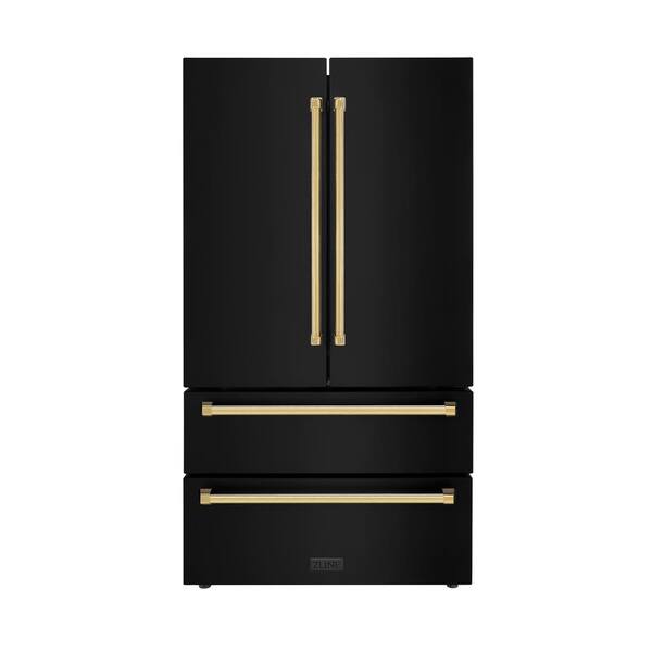 black refrigerator with gold handles