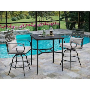 3-Piece Metal Outdoor Bar Height Dining Set with Beige Cushions