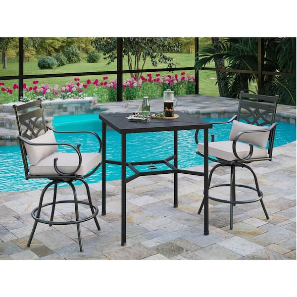 PHI VILLA 3-Piece Metal Outdoor Bar Height Dining Set with Beige Cushions