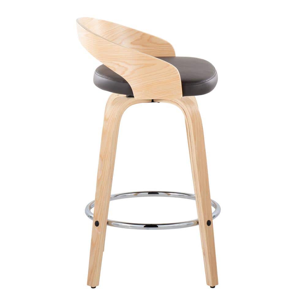 Natural Brown Chrome Swivel Wood and Leather Counter Stool