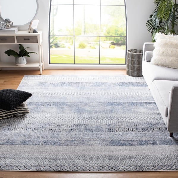 Amelia Gray/Light Blue 9 ft. x 9 ft. Geometric Distressed Square Area Rug