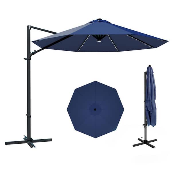 10 ft. x 10 ft. Market Cantilever Solar LED Patio Umbrella with 360° Rotation in Dark Blue