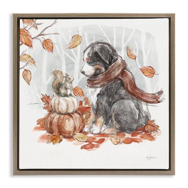 Stupell Industries Dog and Fall Pumpkins by Mary Urban Brown Floater Frame Graphic Typography Art Print 25 in. x 25 in.