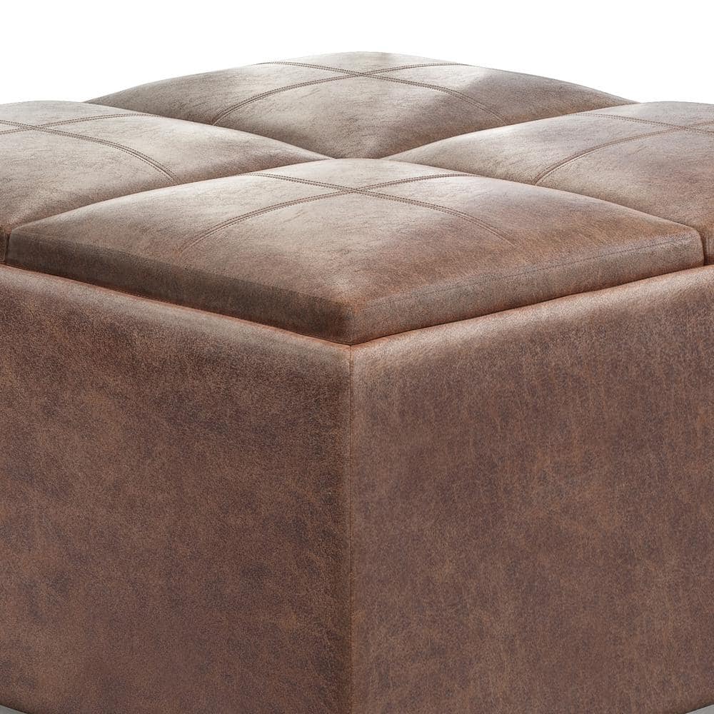 Avalon 35" Distressed Umber Brown Faux Leather Square Storage Ottoman
