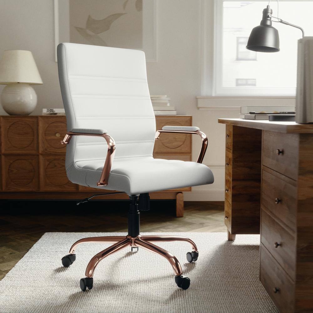 White LeatherSoft High Back Executive Swivel Chair with Rose Gold Metal Frame