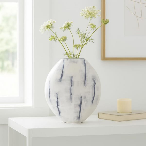 20 in. White Metal Round Enameled Decorative Vase