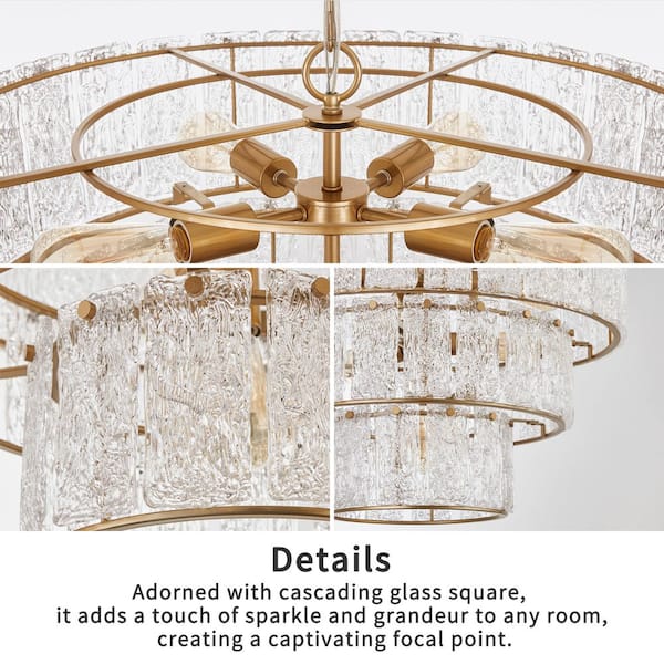 KAWOTI 8-Light Distressed Gold 3-Tiered Chandelier Light Fixture